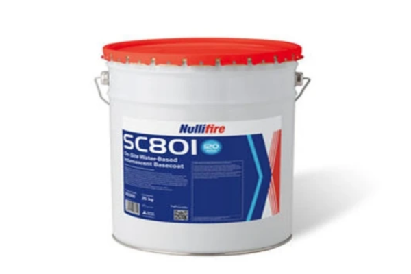 Nullifire SC801 water-based intumescent basecoat applied to steel beams for passive fire protection in industrial and commercial buildings