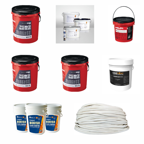 Assorted cable coating materials and tools, including fire-resistant coating cans, brushes, rollers, gloves, and electrical cables, neatly arranged on a white surface