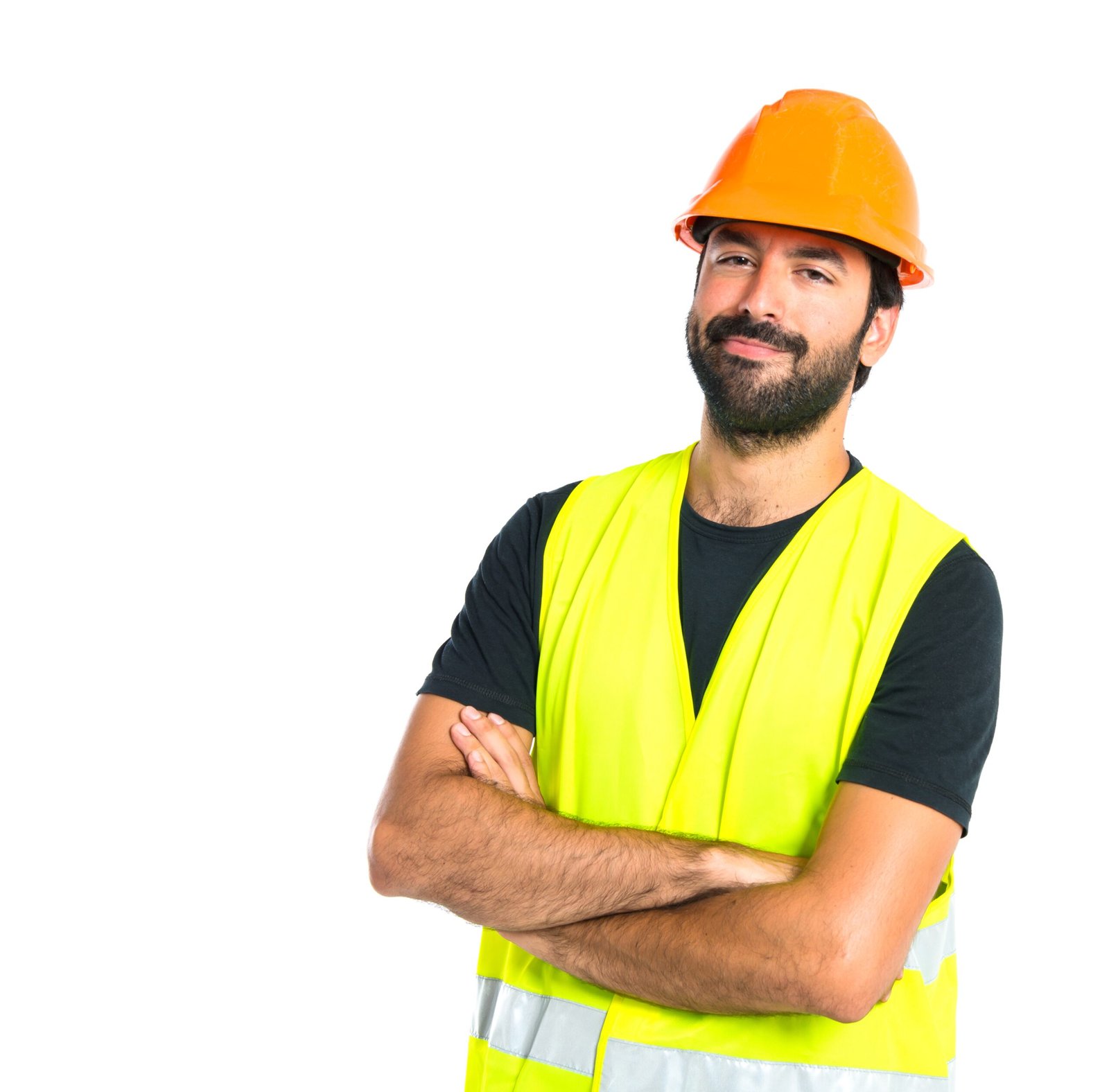 workman with his arms crossed over white background