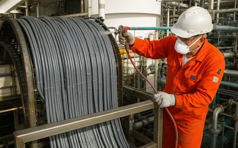 Technician handling a coated cable bundle beside a cable tray
