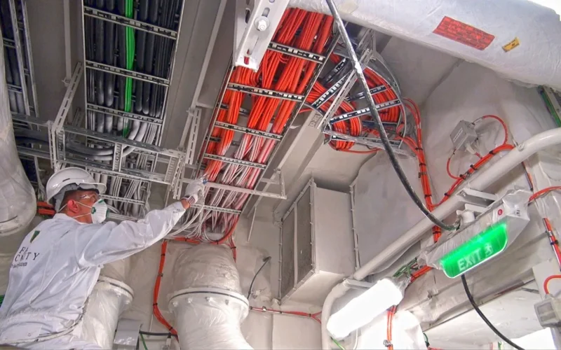 Applicator spray-coating cable trays in a cable tunnel