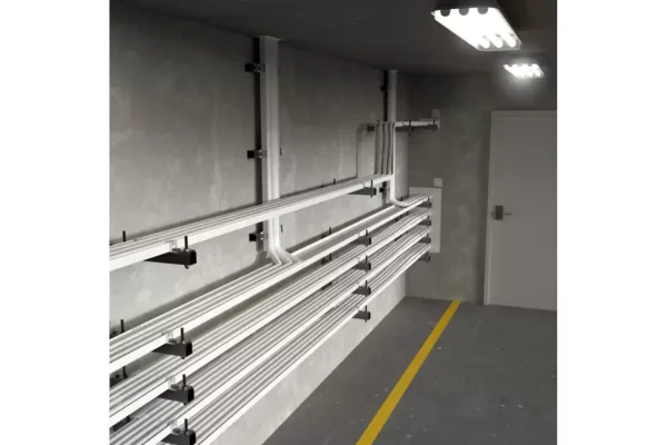 Coated cable trays running along a substation corridor