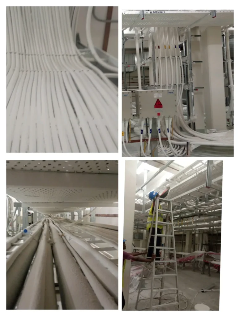 Fire-protection coated cable trays and vertical cable runs in a plant