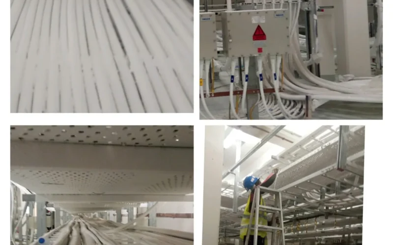 Fire-protection coated cable trays and vertical cable runs in a plant