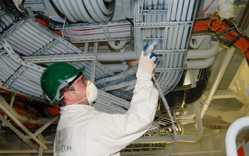 Technician applying intumescent cable coating to a cable tray