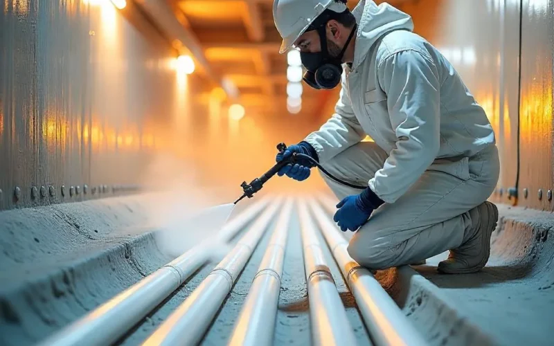 Applicator in protective suit coating pipe and cable runs in an operating plant