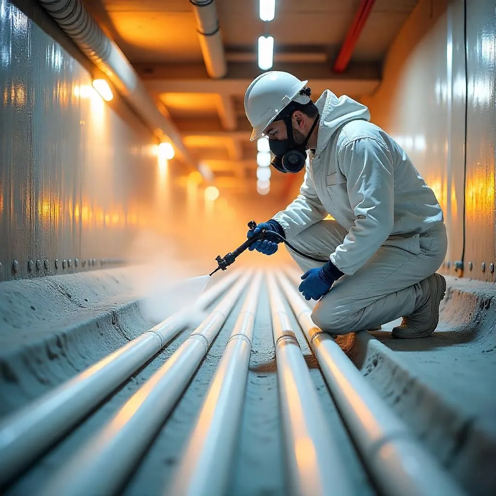 Applicator in protective suit coating pipe and cable runs in an operating plant